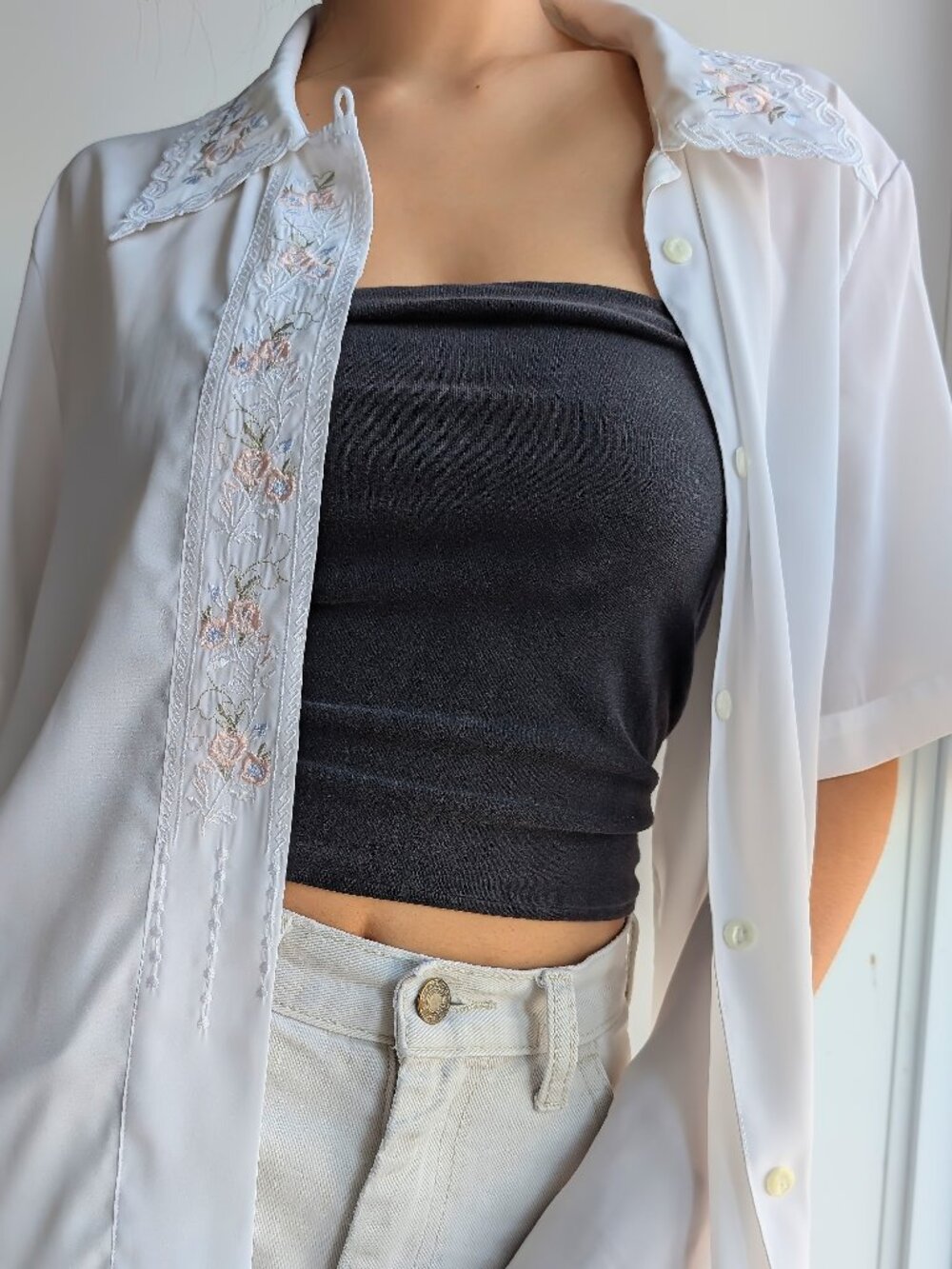 Vintage Floral Embroidered Short Sleeve Button-Down
